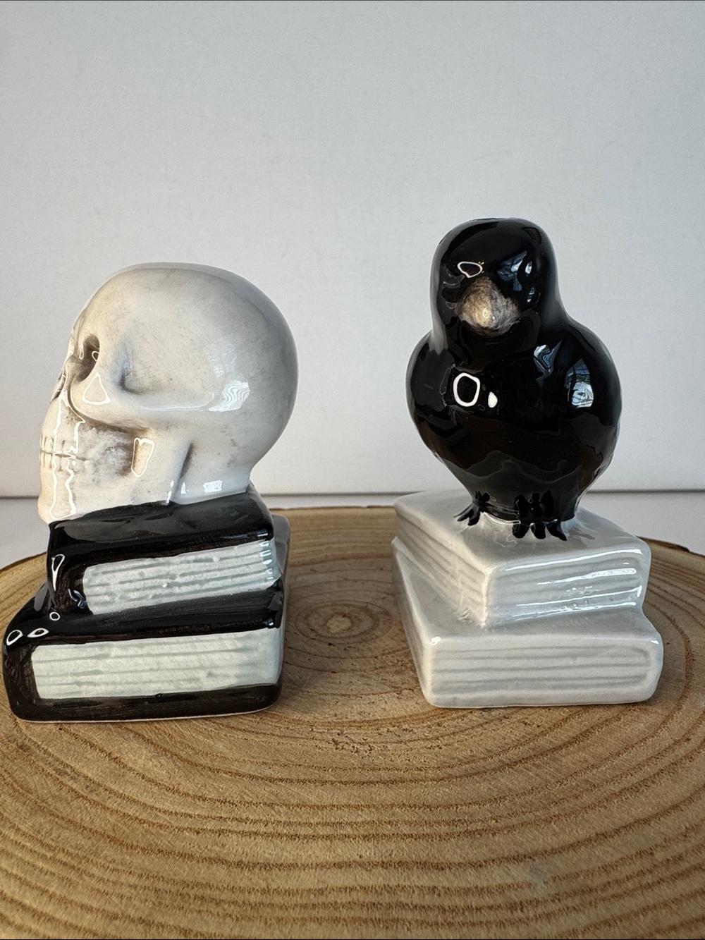 Spooky Ceramic Salt & Pepper Shakers - Skull & Black Crow on Books Halloween - Picture 3 of 4